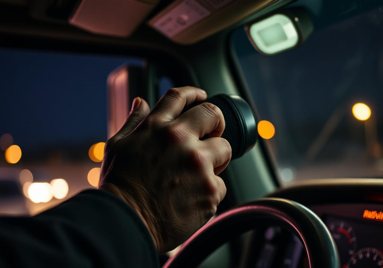 Trucker's hand holding a CB radio mic